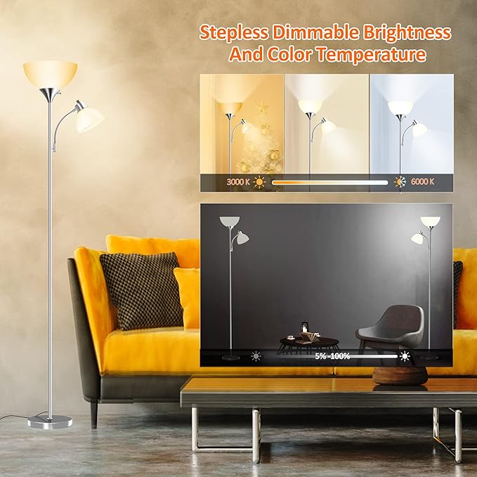 Floor Lamp, Remote Control with 4 Color Temperatures, LED Torchiere Floor Lamp with Adjustable Reading Lamp for Bedroom, Standing Lamps for Living Room, Bulb Included (Brushed Nickel - LeafyLoom