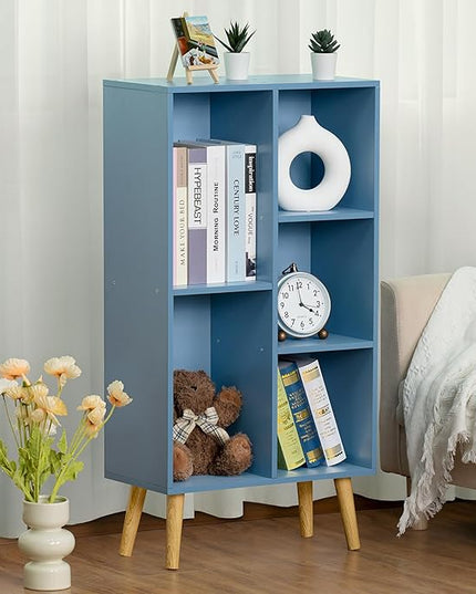 YAHARBO 5 Cube Bookshelf, Blue Kids Book Shelf with Cubby Storage,Wooden Modern Bookcase with Legs,3 Tier Freestanding Display Book Case,Children Toy Organizer,Bookshelves for Office,Nursery,Playroom - LeafyLoom