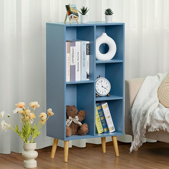 YAHARBO 5 Cube Bookshelf, Blue Kids Book Shelf with Cubby Storage,Wooden Modern Bookcase with Legs,3 Tier Freestanding Display Book Case,Children Toy Organizer,Bookshelves for Office,Nursery,Playroom - LeafyLoom