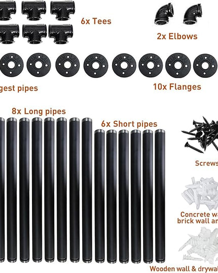 HITOMEN Industrial Iron Pipe Shelves, 2 Set 4-Tier, 56" Tall, 12" Depth, DIY Open Bookshelf Bookcase, Wall Mounted Vintage Retro Shelving, Rustic Farmhouse Pantry Kitchen Storage, Black Shelf Brackets - LeafyLoom