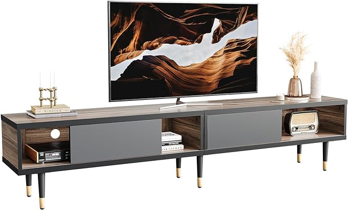 Bestier Mid Century Modern TV Stand for 85 inch tv, Entertainment Center with Storage and Sliding Doors, 2 in 1 Long TV Cabinet for Living Room, Pinewood - LeafyLoom