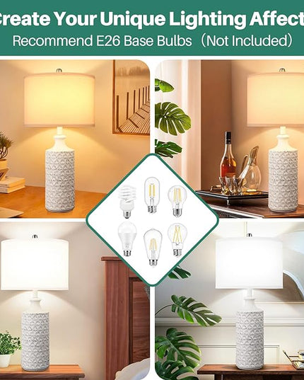 Brightever Farmhouse Ceramic Table Lamp, Modern Tall Desk Lamp for Bedroom with White Fabric Shade, Rotary Bedside Nightstand Lamp for Living Room, Office, Study, Bulb not Included - LeafyLoom