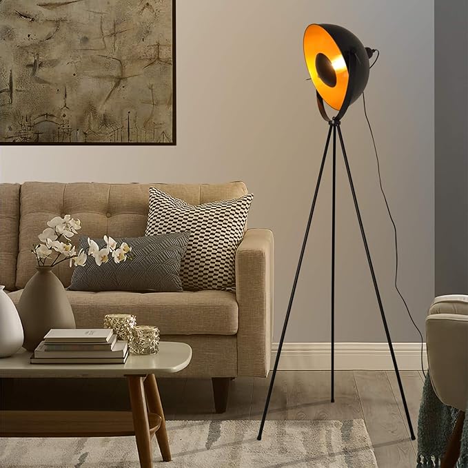 Modern Industrial Tripod LED Satellite Floor Table Lamp - Vintage Adjustable Reading Standing Desk Light Deco - Movie Media Nautical Elegant Design Lighting for Living Room Bedroom(Black,E26 Base) - LeafyLoom