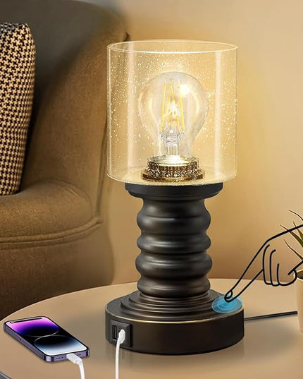 Industrial Table Lamp with Seeded Glass Shade, Small Table Lamp for Small Spaces, Touch Lamp with USB C and A Ports, Black Vintage Desk Lamp for Living Room, Bedroom, Den - LeafyLoom