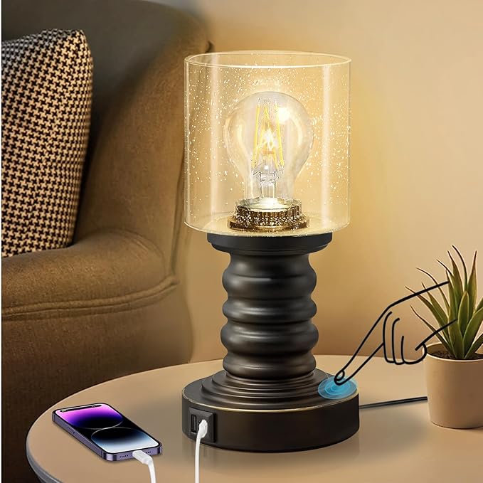 Industrial Table Lamp with Seeded Glass Shade, Small Table Lamp for Small Spaces, Touch Lamp with USB C and A Ports, Black Vintage Desk Lamp for Living Room, Bedroom, Den - LeafyLoom