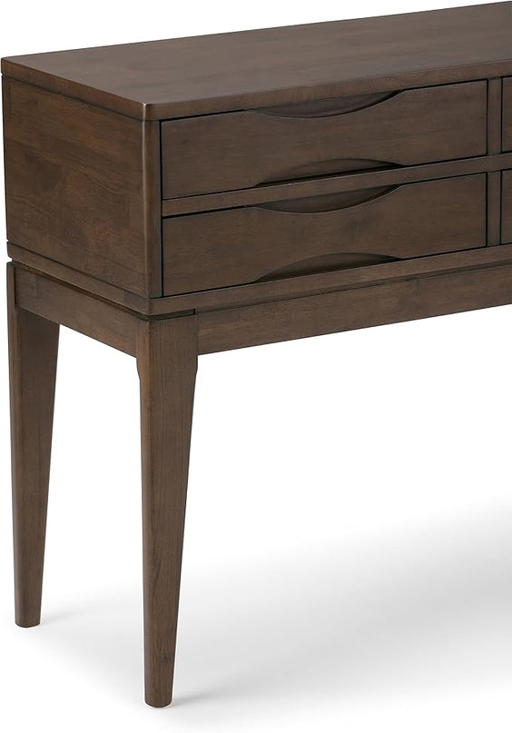SIMPLIHOME Harper SOLID WOOD 40 inch Wide Mid Century Modern Hallway Console Sofa Entryway Table in Walnut Brown with Storage, 4 Drawers , for the Living Room, Entryway and Bedroom - LeafyLoom
