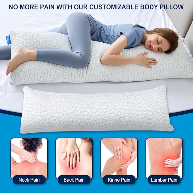 QUTOOL® Cooling Body Pillows for Adults, Shredded Memory Foam Full Body Pillow for Side Sleeper, Long Body Pillow for Pregnant/Neck/Back/Leg, Large Pillow for Bed with Cooling Pillow Cover - LeafyLoom