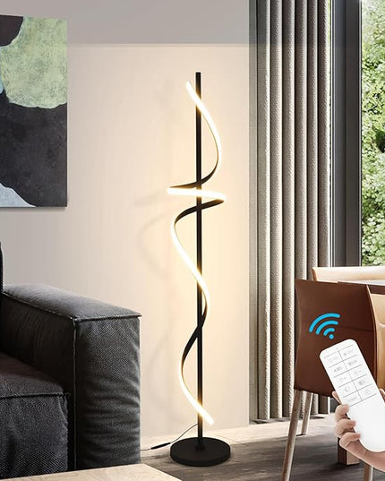 Modern Spiral Floor Lamp with Remote Control, 48W LED Floor Lamps for Living Room, 3 Colors Dimmable Tall Standing Lamp for Living Room, 60'' Modern Floor lamp for Bedroom Black - LeafyLoom