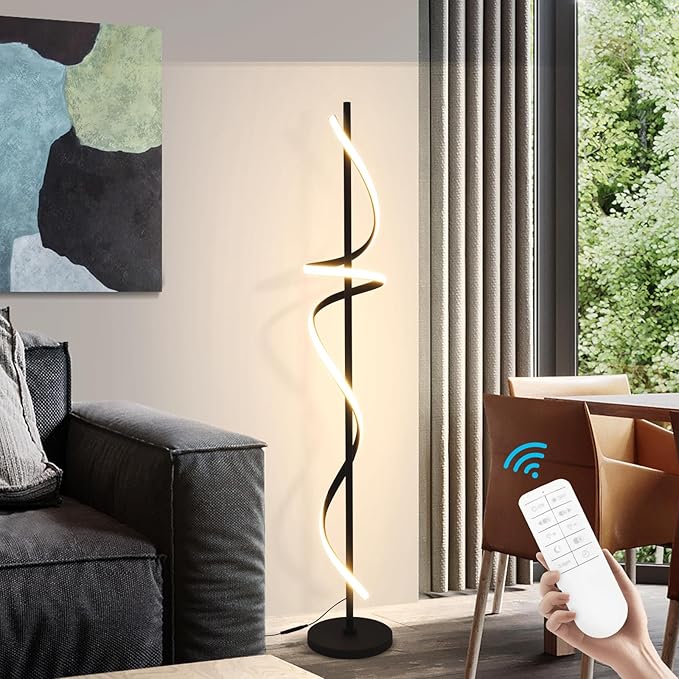 Modern Spiral Floor Lamp with Remote Control, 48W LED Floor Lamps for Living Room, 3 Colors Dimmable Tall Standing Lamp for Living Room, 60'' Modern Floor lamp for Bedroom Black - LeafyLoom