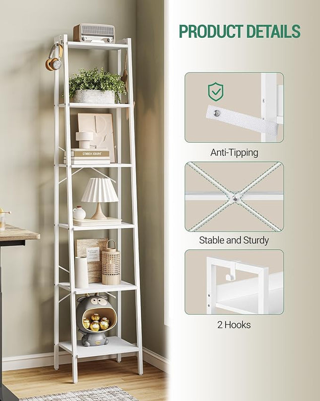 Ladder Shelf, Bookshelf Bookcase, Freestanding Corner Storage Shelve with 2 Hooks for Home Office, Living Room, Kitchen, Bedroom, Industrial, 6-Tier White BC13313W - LeafyLoom
