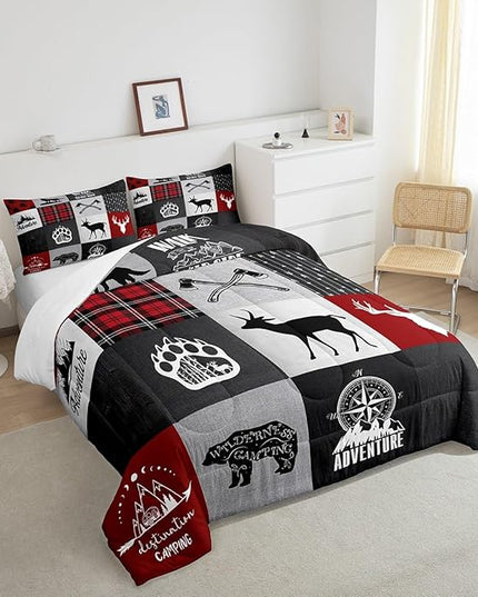 Deer Antler Bear Kids Comforter Set Twin Size,Plaids Boho Arrows Patchwork Bedding Set for Boys Girls Adults Room Decor,Rustic Adventure Camper Down Comforter,Red Xmas Duvet Insert,1 Pillowcase - LeafyLoom