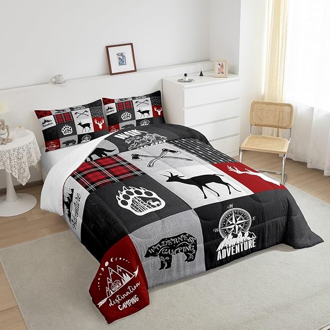 Deer Antler Bear Kids Comforter Set Full Size,Plaids Boho Arrows Patchwork Bedding Set for Boys Girls Adults Room Decor,Rustic Adventure Camper Down Comforter,Red Xmas Duvet Insert,2 Pillowcases - LeafyLoom