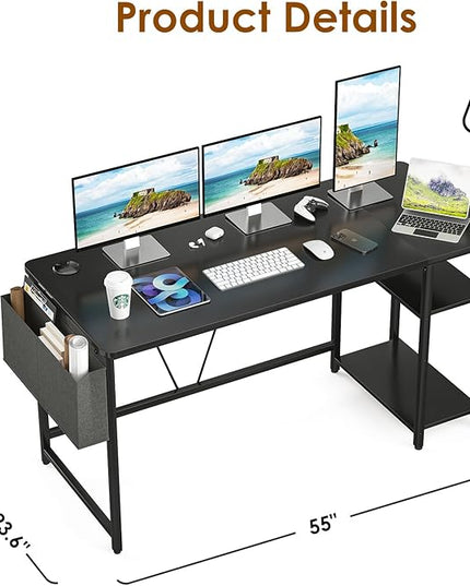 Computer Desk, 55” Home Office Desks, Modern Small Desk for Bedroom, Gaming Desk with Iron Hook and Height Adjustable Feet, Sturdy Student Writing Desk with Storage Bag, Storage Shelves - LeafyLoom