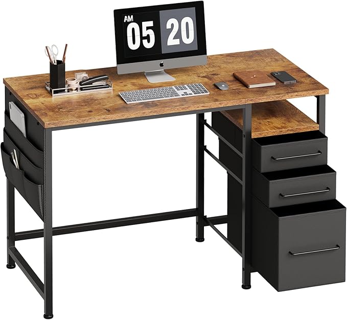 Ｍａｉｈａｉｌ Maihail Small Desk with Drawers, 40 inch Computer Desk with Shelves, Writing Desk with Storage, Small Office Desk with Metal Frame, Rustic Brown - LeafyLoom