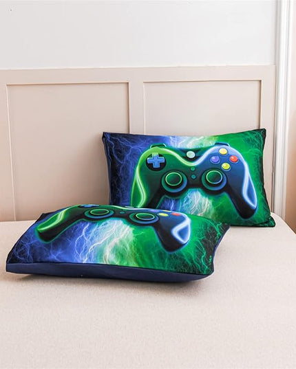 Meeting Story Gamer Gaming Bedding Sets Red Blue Lightnings Gamepad Comforter Set for Boys Games Console Action Buttons Novelty Colorful Modern Room Decor Home Quilt Set (Blue-Green, Full 5Pcs) - LeafyLoom