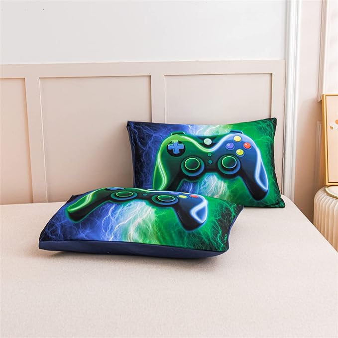 Meeting Story Gamer Gaming Bedding Sets Red Blue Lightnings Gamepad Comforter Set for Boys Games Console Action Buttons Novelty Colorful Modern Room Decor Home Quilt Set (Blue-Green, Twin 5Pcs) - LeafyLoom