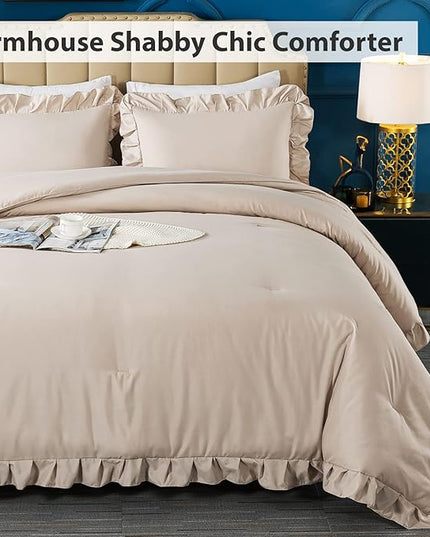 Andency Khaki Queen Comforter Set, 3 Pieces Farmhouse Shabby Chic Bedding Set for Queen Bed, All Season Soft Lightweight Microfiber Bed Set for Men Women - LeafyLoom