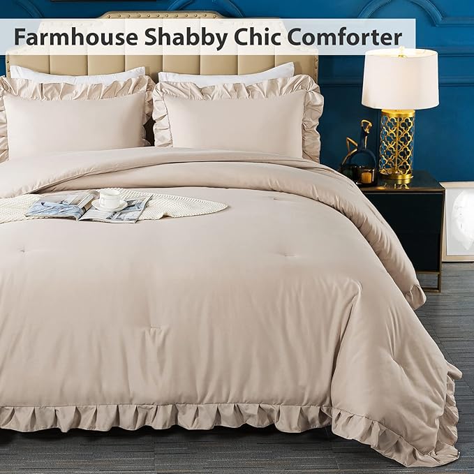 Andency Khaki Queen Comforter Set, 3 Pieces Farmhouse Shabby Chic Bedding Set for Queen Bed, All Season Soft Lightweight Microfiber Bed Set for Men Women - LeafyLoom