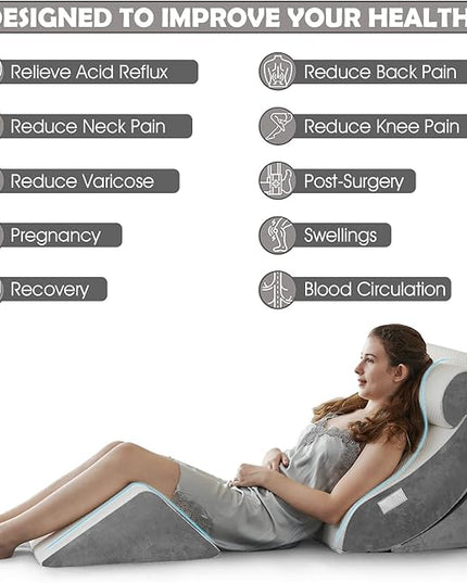 4PCS Orthopedic Bed Wedge Pillow Set – Post Surgery, Relaxing, Back & Adjustable Head Support Cushion – Triangle Memory Foam Pillow for Acid Reflux, Sleeping, Reading, Leg Elevation (White Grey) - LeafyLoom