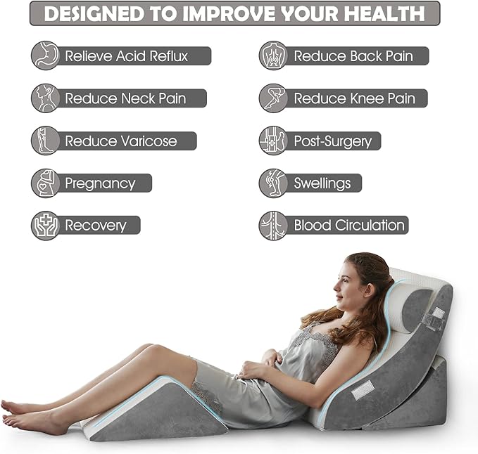 4PCS Orthopedic Bed Wedge Pillow Set – Post Surgery, Relaxing, Back & Adjustable Head Support Cushion – Triangle Memory Foam Pillow for Acid Reflux, Sleeping, Reading, Leg Elevation (White Grey) - LeafyLoom