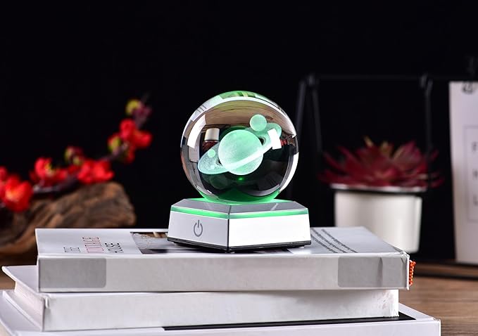 3D Crystal Ball Saturn Model, with Led Lamp Stand, 3.15'' Saturn Planets Glass Ball Decor, Engraved Crystal Sphere with Gift Box, 6 Color Light, Romantic Gifts for Kids Friends - LeafyLoom