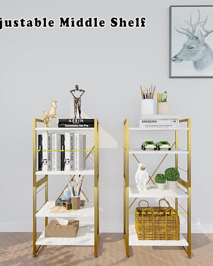 4 Tiers Bookshelf Adjustable White Faux Marble Organizer, Modern Small Bookcase for Small Space,Industrial Wooden Storage Display Rack and Storage Organizer for Living Room Home Office(Glod) - LeafyLoom