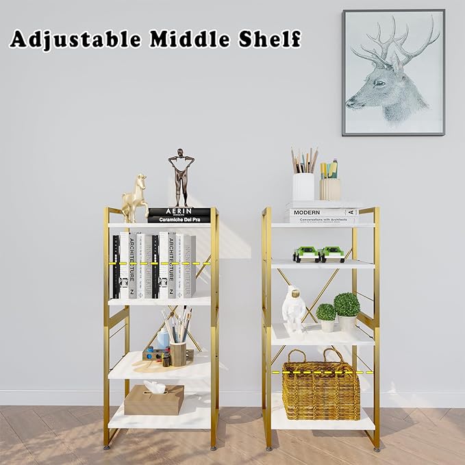 4 Tiers Bookshelf Adjustable White Faux Marble Organizer, Modern Small Bookcase for Small Space,Industrial Wooden Storage Display Rack and Storage Organizer for Living Room Home Office(Glod) - LeafyLoom