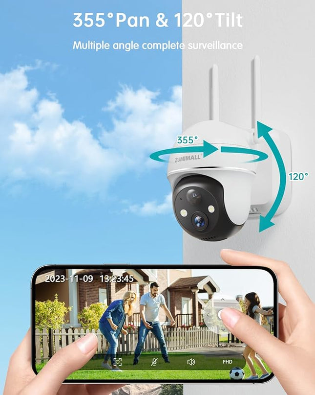 2K Security Camera Outdoor Wireless WiFi with 360° PTZ, ZUMIMALL Battery Powered Wireless Cameras for Home Surveillance, Spotlight & Siren/PIR Detection/3MP Color Night Vision/2-Way Talk/IP66/Cloud/SD ZUMIMALL