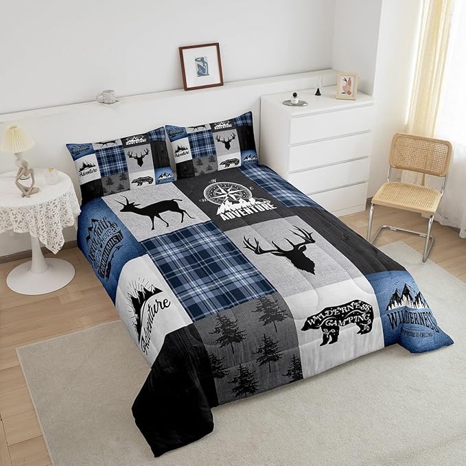 Deer Antler Bear Kids Comforter Set Queen Size,Hunting Adventure Bedding Set for Boys Girls Adults Room Decor,Geometric Plaids Patchwork Down Comforter,Rustic Farmhouse Duvet Insert,2 Pillowcases - LeafyLoom