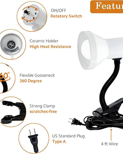 Xtricity clamp Light, Clip on Desk lamp with Adjustable Gooseneck, Clip lamp for Bed 6W A19 LED Bulb Included, 120V, Convenient On/Off Switch, White Finish - LeafyLoom