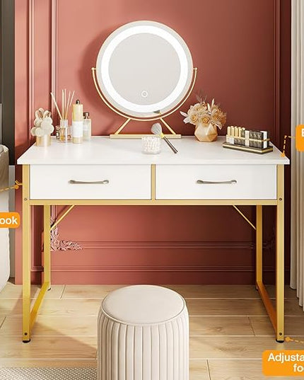 ODK Vanity Desk without Mirror, Makeup Vanity with 2 Fabirc Drawers, White Vanity Dressing Vanity Table with Versatile Hook, 40 Inch Girl Vanity for Bedroom, Desk Make Up for Girls, White and Gold - LeafyLoom