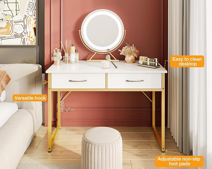 ODK Vanity Desk without Mirror, Makeup Vanity with 2 Fabirc Drawers, White Vanity Dressing Vanity Table with Versatile Hook, 40 Inch Girl Vanity for Bedroom, Desk Make Up for Girls, White and Gold - LeafyLoom