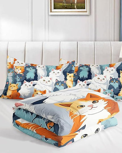 Datura home Kids Comforter Set Cute Cats Printed Pattern Bedding Set with 1 Comforter and 2 Pillowcases for Girls Boys Bedroom All Season(Cat Queen) - LeafyLoom