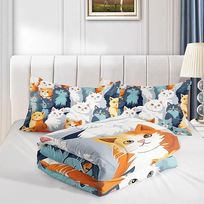 Datura home Kids Comforter Set Cute Cats Printed Pattern Bedding Set with 1 Comforter and 2 Pillowcases for Girls Boys Bedroom All Season(Cat Twin) - LeafyLoom