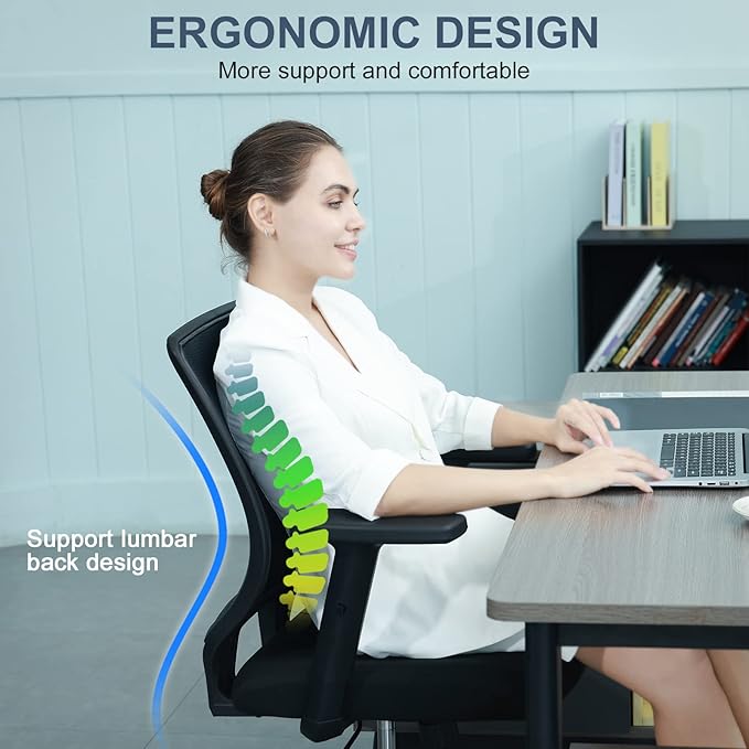 Schwake Ergonomic Office Chair Home Mesh Desk Chair with Adjustable Arms - Mid Back Computer Chairs for Adults - Swivel Task Chair Comfortable for Home Office (Black) - LeafyLoom