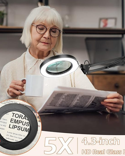 5X Magnifying Glass with Light and Stand, Krstlv LED 5 Color Modes, Stepless Dimmable Magnifying Floor Lamp, 3-in-1 Adjustable Swing Arm Lighted Magnifier Lamp with Clamp for Reading, Craft, Esthetic - LeafyLoom