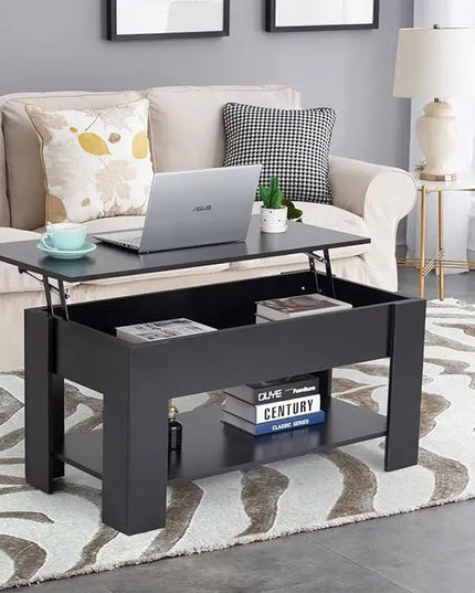 FDW Lift Top Coffee Table with Hidden Compartment and Storage Shelf Wooden Lift Tabletop for Home Living Room Reception Room Office (Black) - LeafyLoom