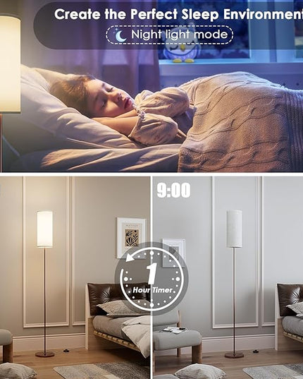 Floor Lamp for Living Room, Modern Standing lamp with Remote Control, Stepless Dimmable 12W Bulb & Beige Lampshade Included, Brown Pole Tall Floor Lamp for Bedroom Office - LeafyLoom