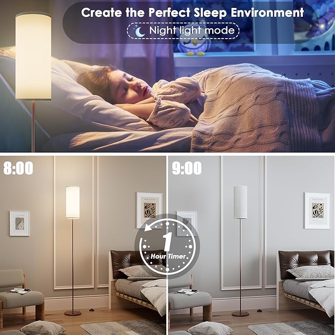 Floor Lamp for Living Room, Modern Standing lamp with Remote Control, Stepless Dimmable 12W Bulb & Beige Lampshade Included, Brown Pole Tall Floor Lamp for Bedroom Office - LeafyLoom