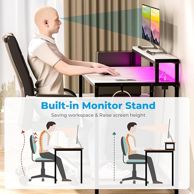 GreenForest Small Desk for Bedroom, 39.4 inch Computer Desk with 2 Drawers, Gaming Desk with LED Light and Power Outlet, Reversible Office Desk with Monitor Stand, Desk for Small Spaces, White - LeafyLoom