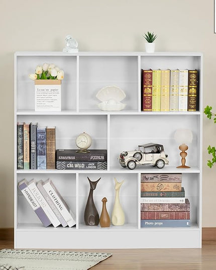 YAHARBO 5 Cube White Bookshelf,Small Modern Horizontal Bookcase,Wood Floor Standing Low Bookshelves Display Storage Cabinet with Base, Short Book Shelf Open Organizer for Bedroom,Living Room,Office - LeafyLoom