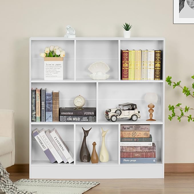 YAHARBO 5 Cube White Bookshelf,Small Modern Horizontal Bookcase,Wood Floor Standing Low Bookshelves Display Storage Cabinet with Base, Short Book Shelf Open Organizer for Bedroom,Living Room,Office - LeafyLoom