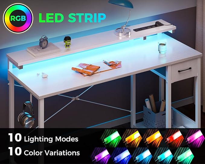 AODK Gaming Desk with LED Lights & Power Outlet, 55 Inch Computer Desk with Drawer, Reversible Desk with Adjustable Monitor Shelf & Headphone Hook for Home Office, White - LeafyLoom