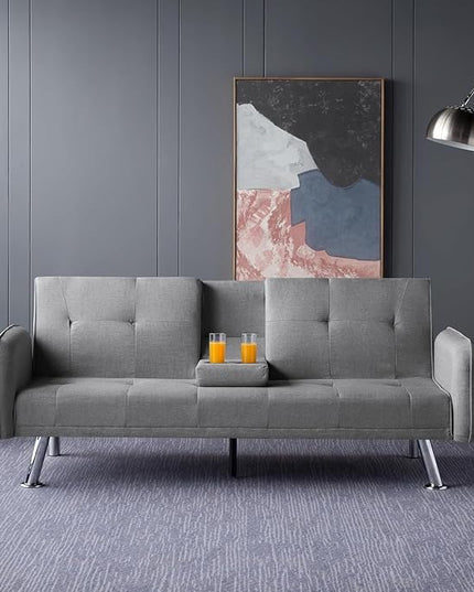 74.8" Modern Living Room Furniture Sets Tufted Loveseat Sofa Convertible Folding Futon Sleeper Couchbed with Cup Holder/Removable Armrests/Adjusting Backrest for Apartment,Home,Light Gray Sofá - LeafyLoom