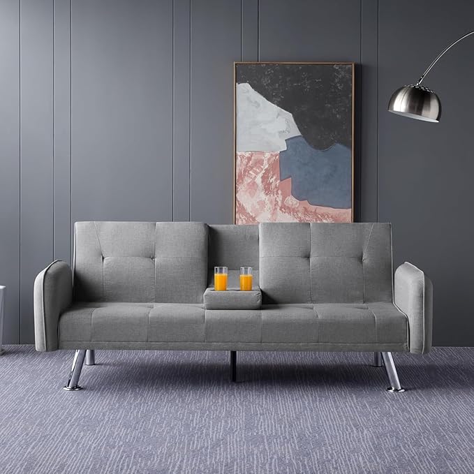 74.8" Modern Living Room Furniture Sets Tufted Loveseat Sofa Convertible Folding Futon Sleeper Couchbed with Cup Holder/Removable Armrests/Adjusting Backrest for Apartment,Home,Light Gray Sofá - LeafyLoom