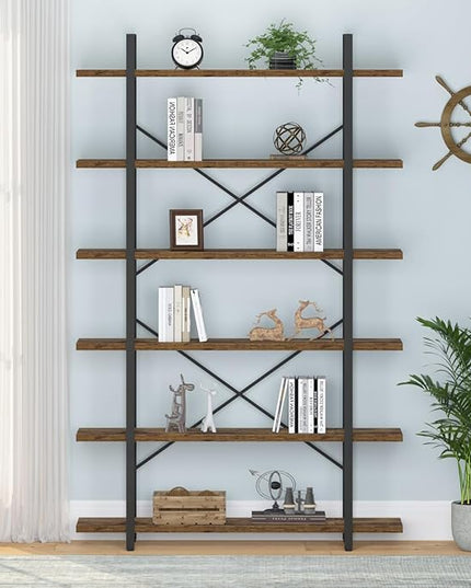 HSH 6 Shelf Tall Bookcase, Industrial Modern Large 6 Tier Bookshelf, Open Wood and Metal Display & Storage Rack,Farmhouse Bookcases and Book Shelves 6 Shelf for Bedroom Living Room Office,Rustic Brown - LeafyLoom