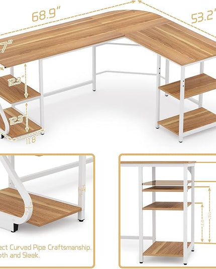 L Shaped Desk Reversible, Corner Computer L Desk with Storage Shelves, Modern Gaming Desk Workstation for Home Office, Walnut - LeafyLoom