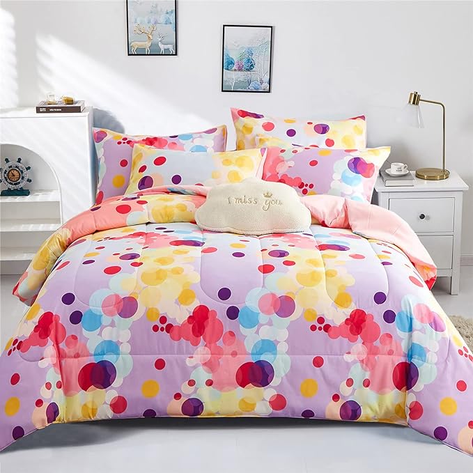 Rainbow Ombre Comforter Set Twin Size for Girls, Colorful Bubbles Polka Dots Comforter for Kids Teen, 2 Piece Orange Pink Purple Blue Gradient Pastel Bedding Set with 1 Pillow Case(Rainbow,Twin) - LeafyLoom