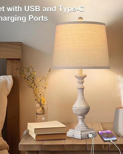 AKASUKI 27.5 Inch Farmhouse Table Lamps for Living Room Set of 2 with USB and Type-C Port, 3-Way Dimmable Table Lamps for Bedroom Vintage Rustic Bedside Lamps for bedrooms(2 Bulbs Included) - LeafyLoom