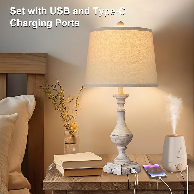 AKASUKI 27.5 Inch Farmhouse Table Lamps for Living Room Set of 2 with USB and Type-C Port, 3-Way Dimmable Table Lamps for Bedroom Vintage Rustic Bedside Lamps for bedrooms(2 Bulbs Included) - LeafyLoom